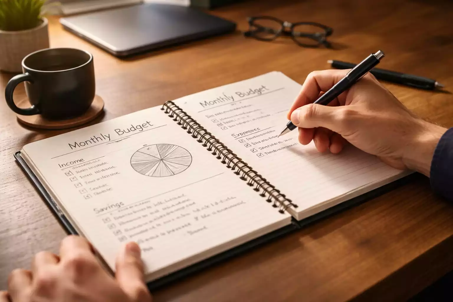 Person plant Wettbudget mit Notizbuch und strukturiertem Finanzüberblick