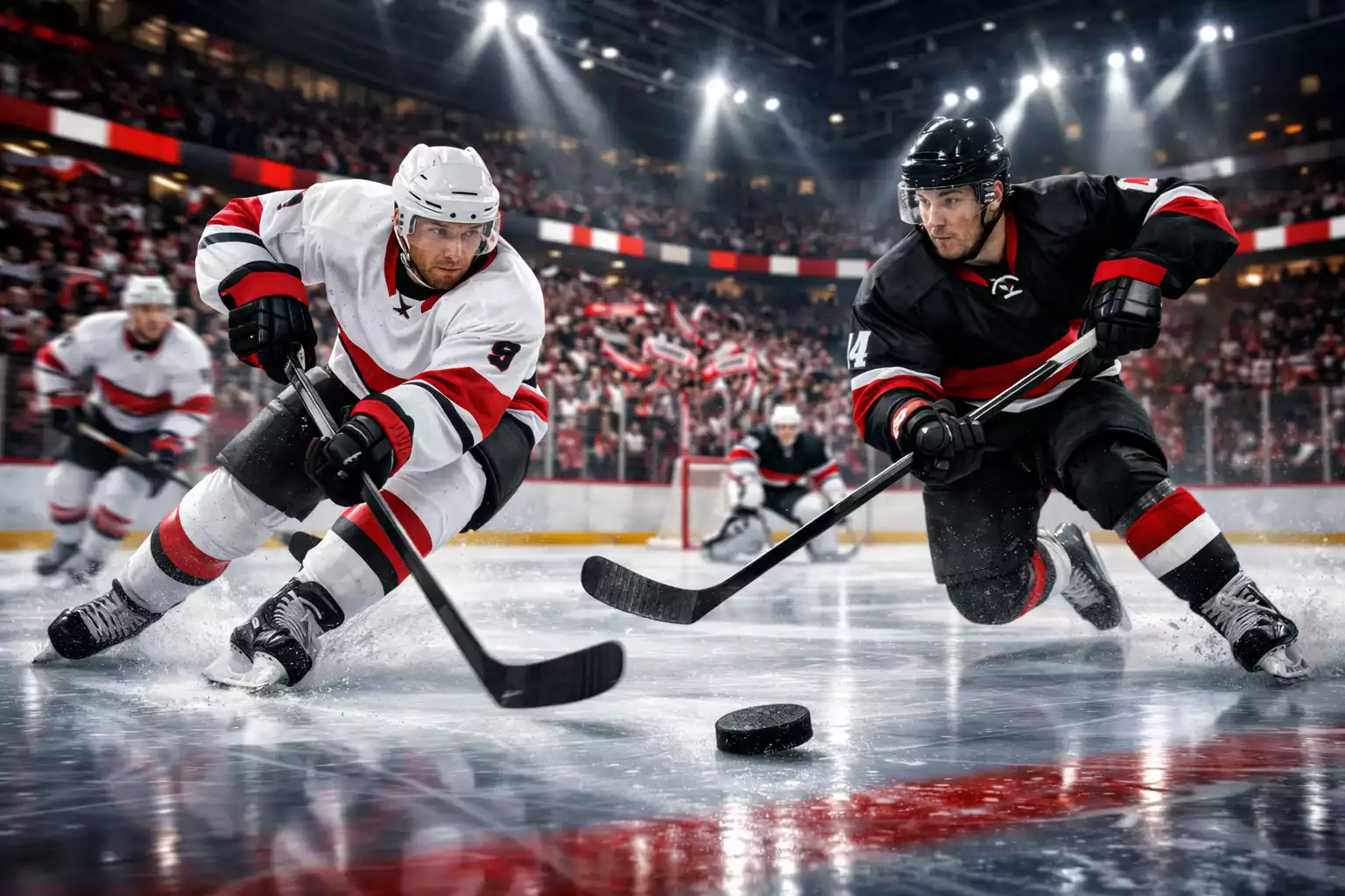 Professionelles deutsches Eishockeyspiel in einer modernen Arena mit begeisterten Fans