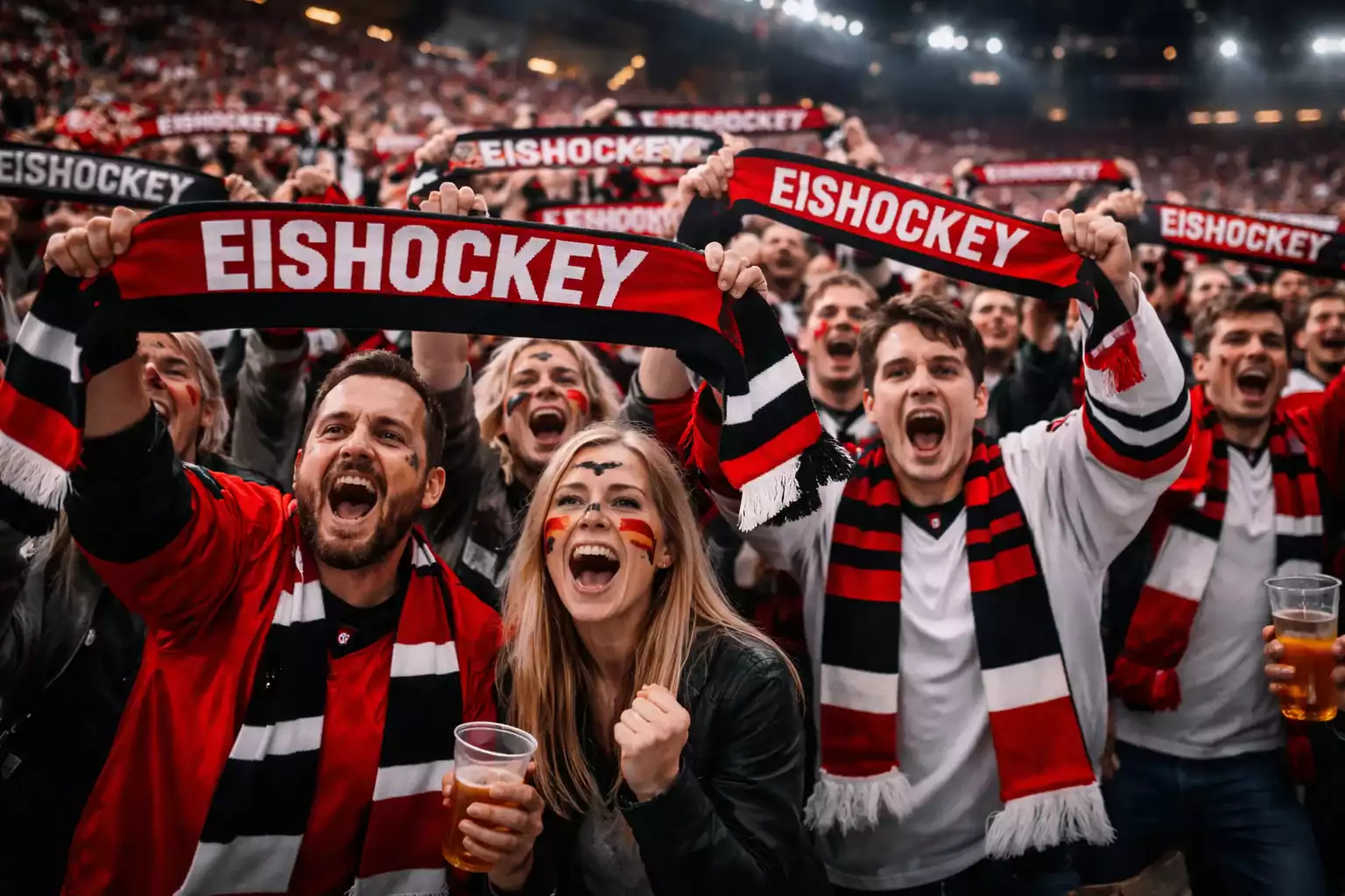 Begeisterte DEL Fans mit Schals und Fahnen in einer ausverkauften Eishockey Arena