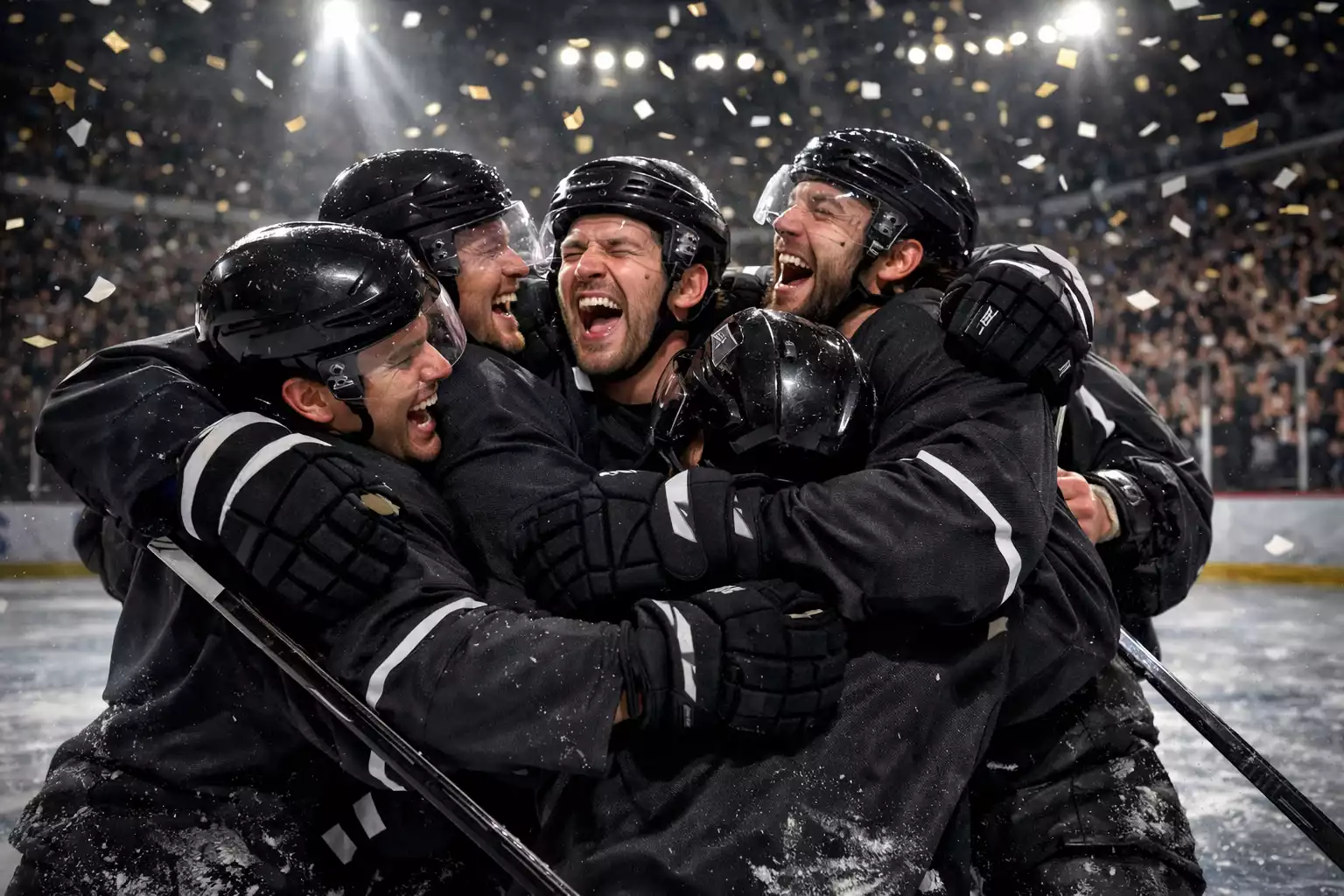 DEL Eishockeyspieler feiern einen wichtigen Playoff-Sieg auf dem Eis