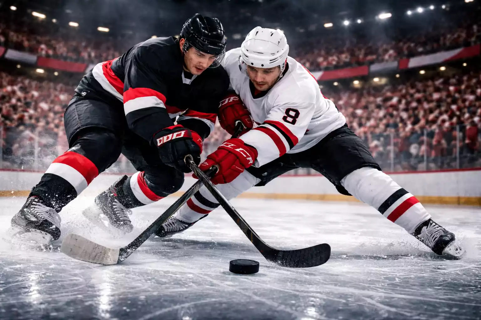 Eishockeyspieler der DEL im Zweikampf auf dem Eis mit Stadionbeleuchtung
