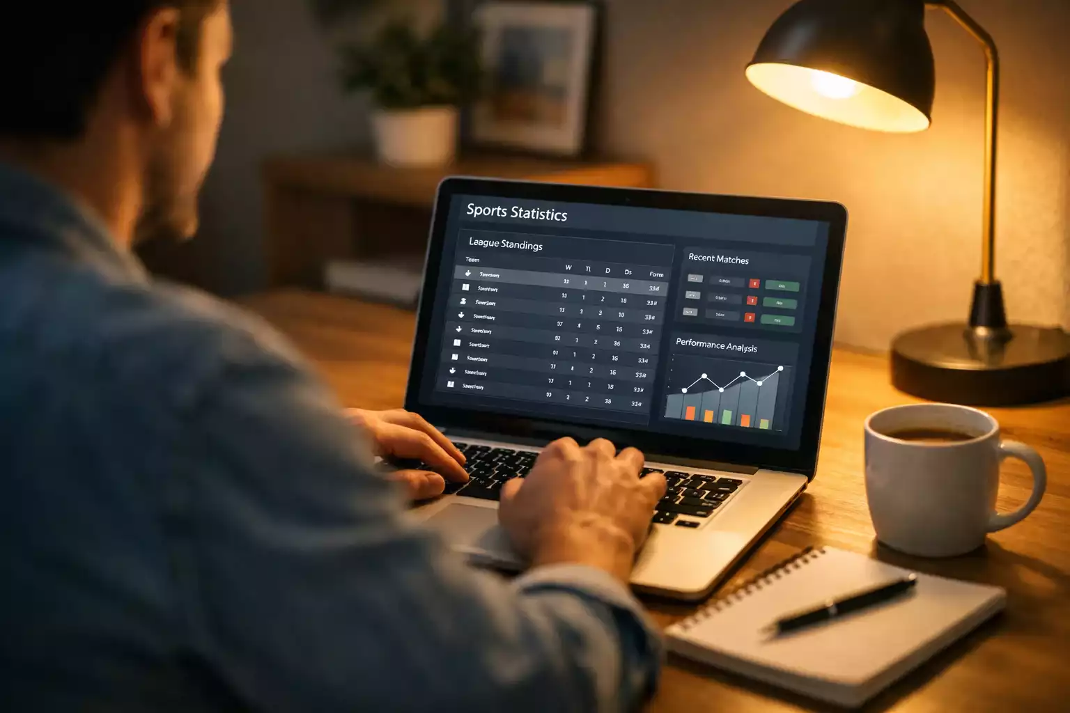 Person analysiert DEL Spielstatistiken auf einem Laptop mit Notizblock