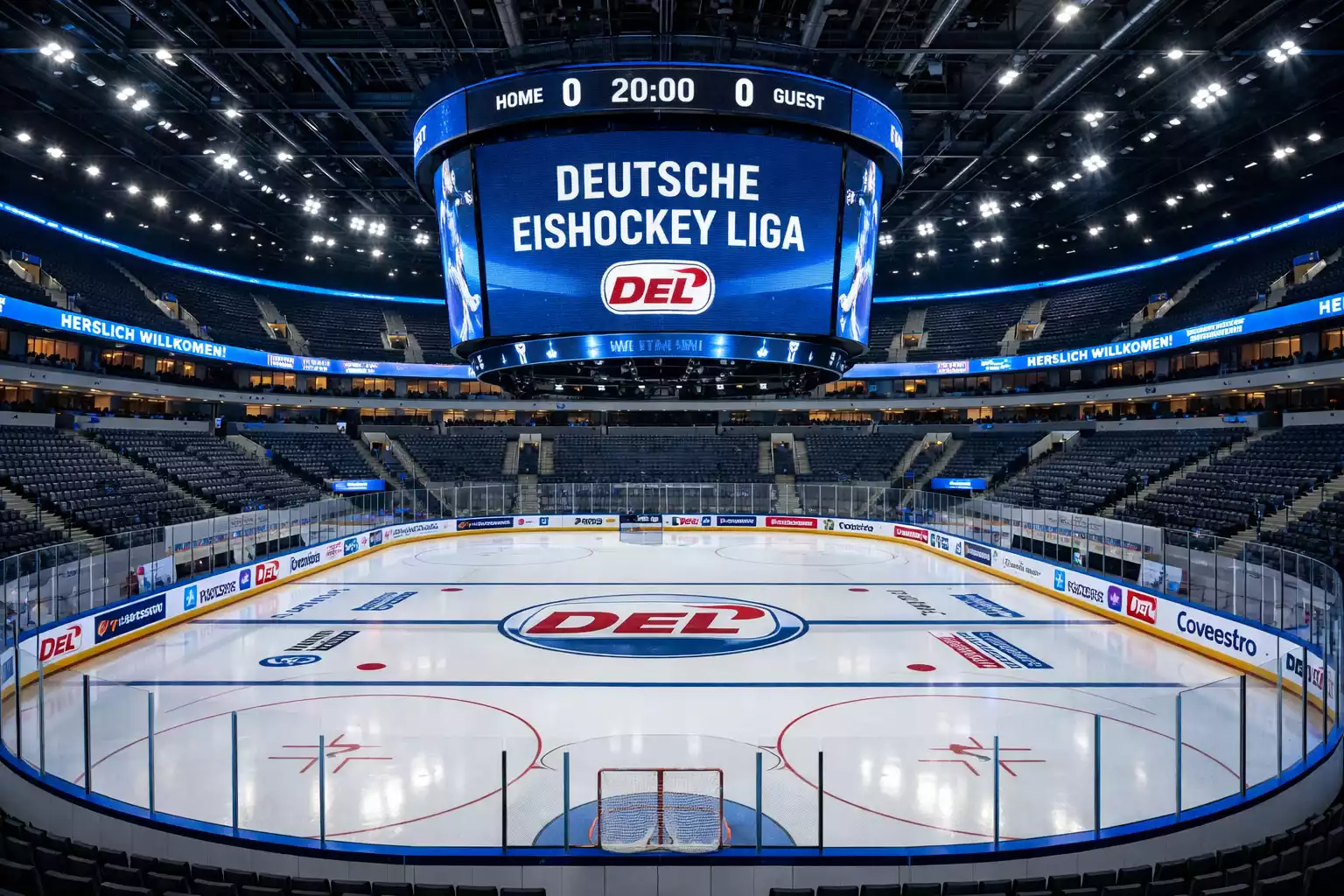 Moderne DEL Arena mit digitalen Anzeigetafeln und professioneller Beleuchtung