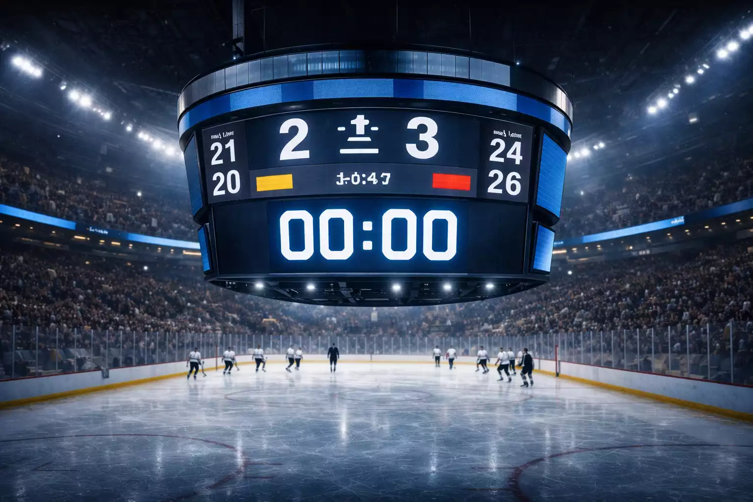 Eishockey Spieluhr zeigt Drittelwechsel mit Spielern auf dem Eis