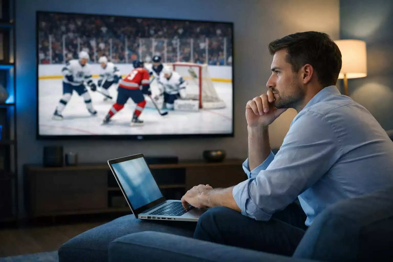 Nachdenklicher junger Mann schaut Eishockeyspiel im Fernsehen und überlegt sorgfältig