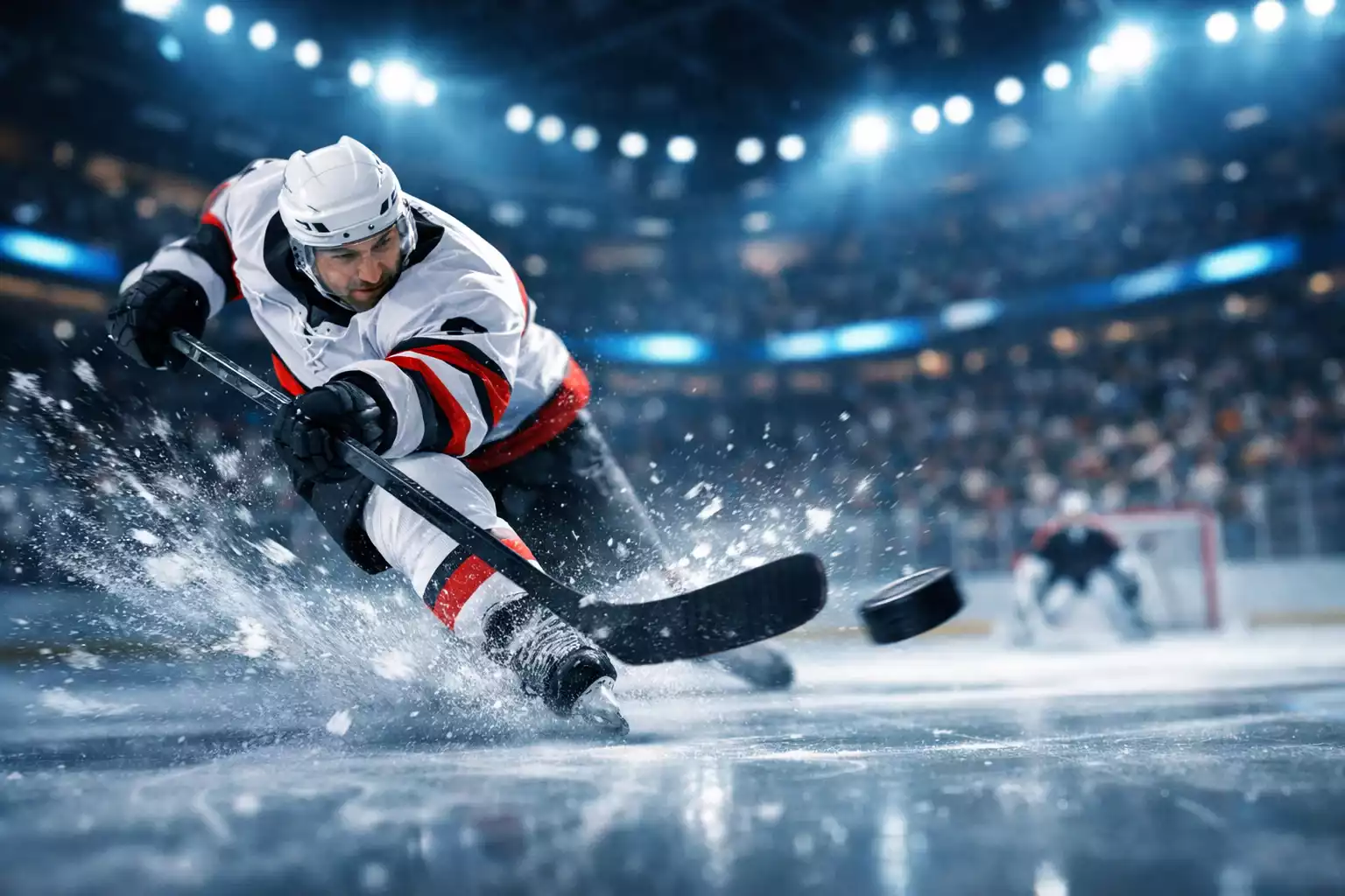 Dynamische Eishockey-Spielszene mit Spieler beim Torschuss in der Arena