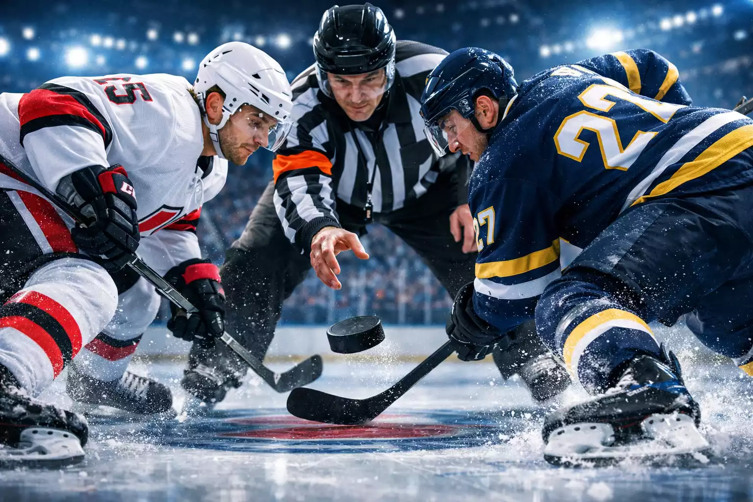 Intensiver Eishockey-Bully zwischen zwei Spielern am Mittelpunkt der Eisfläche