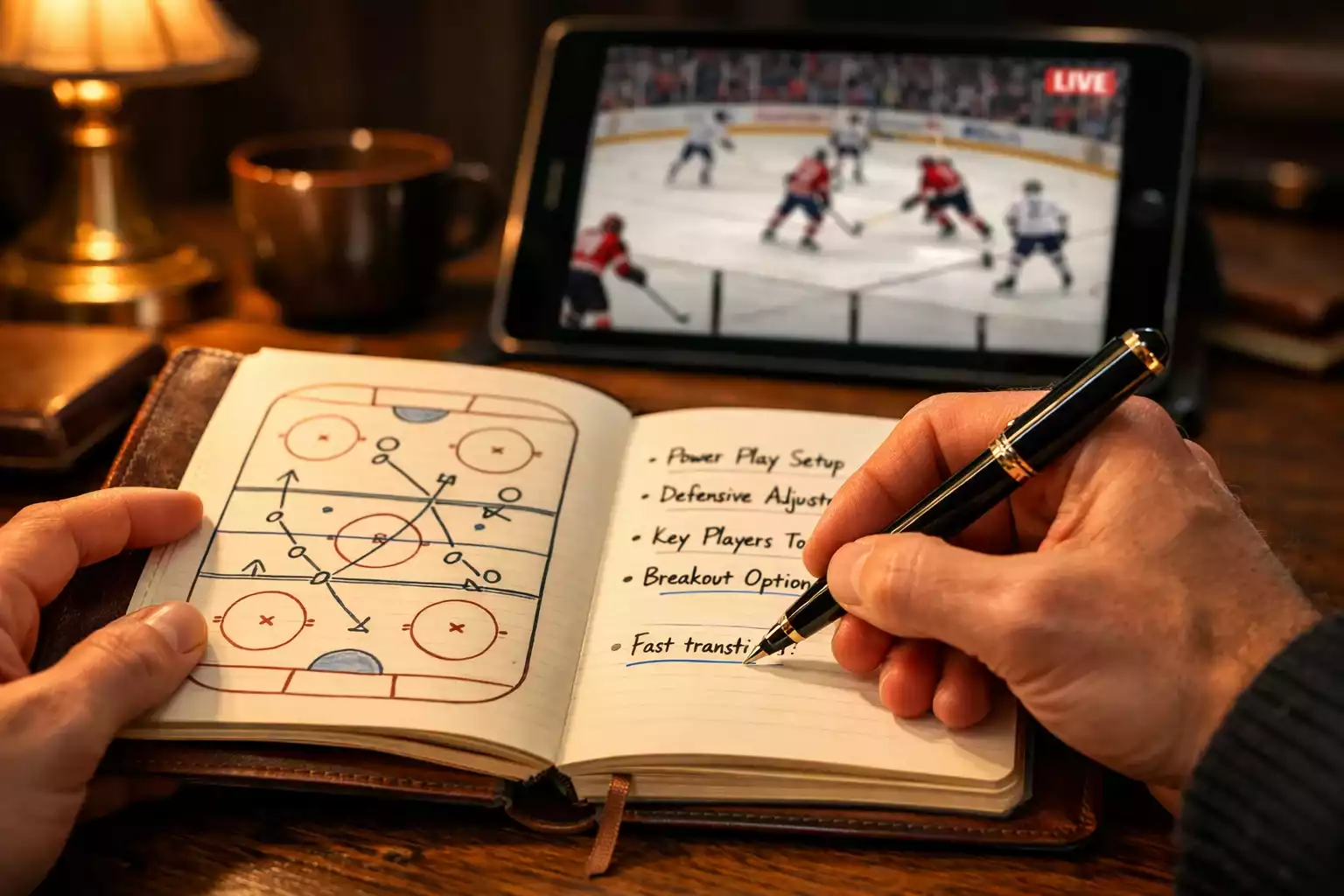 Hände schreiben strategische Notizen in ein Notizbuch mit Eishockeyspiel im Hintergrund