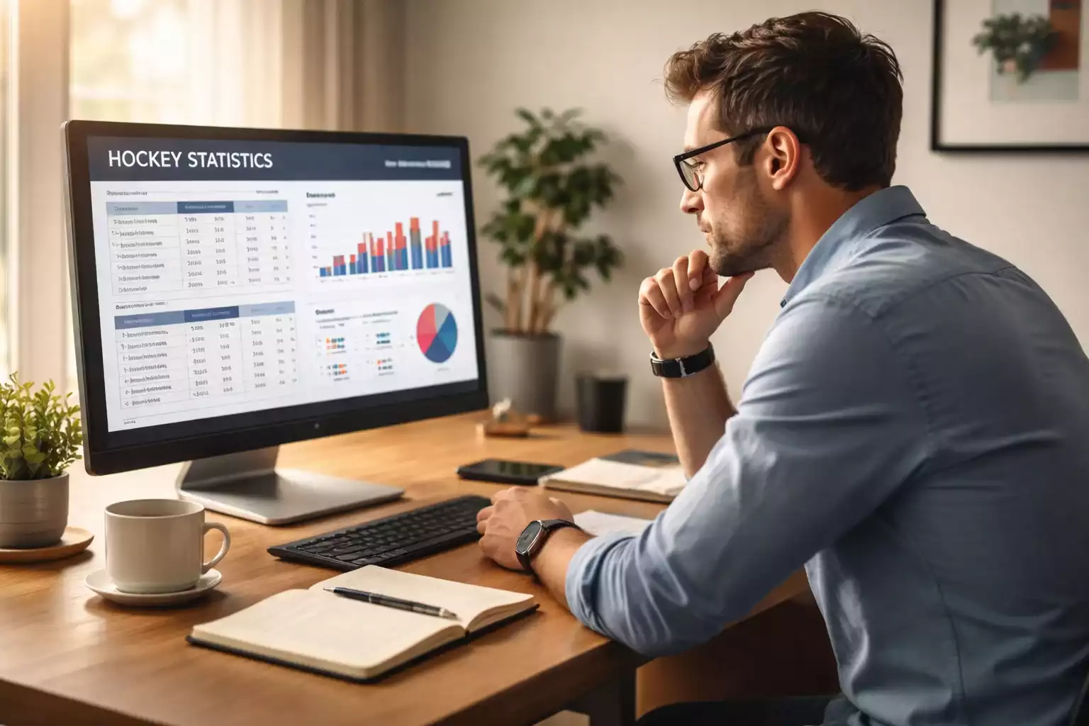 Mann analysiert Eishockey-Statistiken am Computer im Home Office