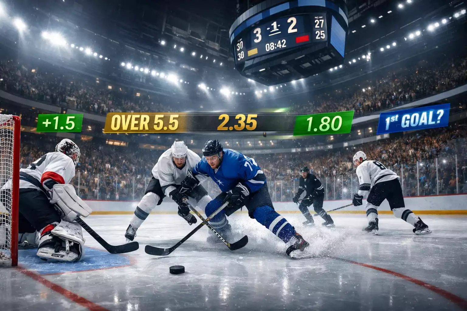 Übersicht der verschiedenen Eishockey Wettarten mit Spielszene im Hintergrund