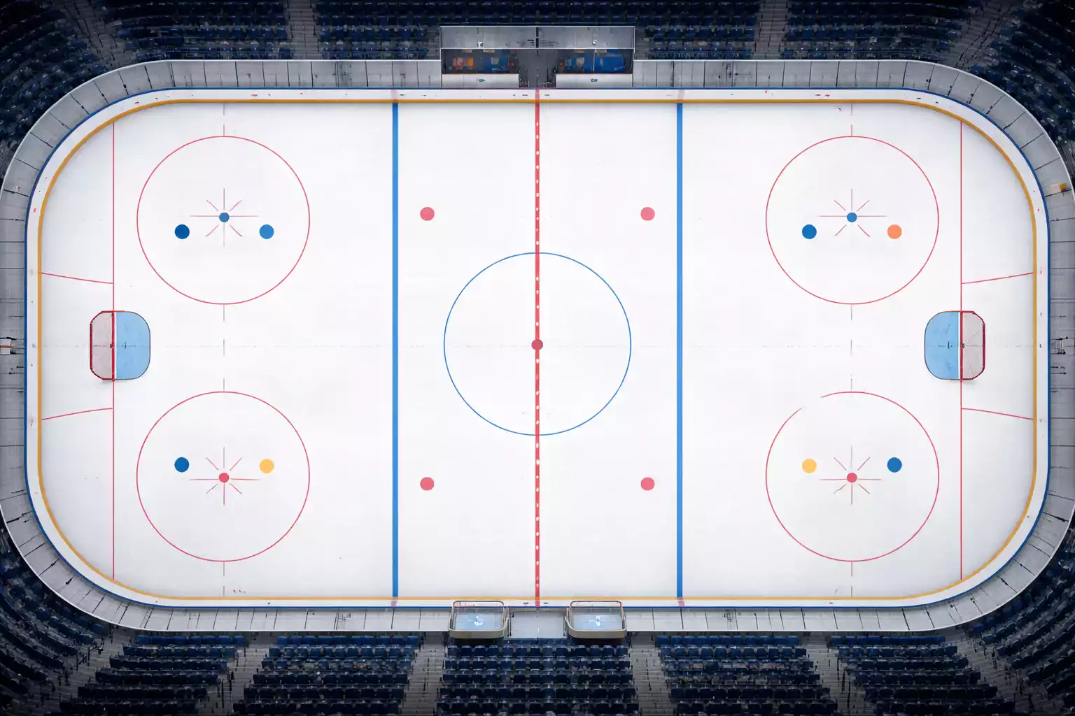 Professionelle NHL Eishockey Arena mit Spielfeldmarkierungen aus der Vogelperspektive