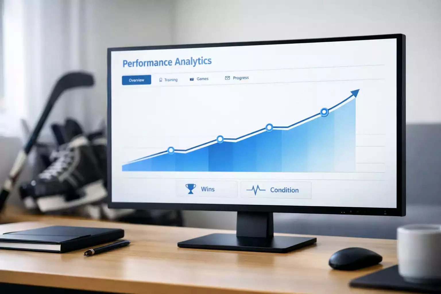 Moderner Monitor mit NHL Sportanalyse-Dashboard und einfachem Leistungsgraphen
