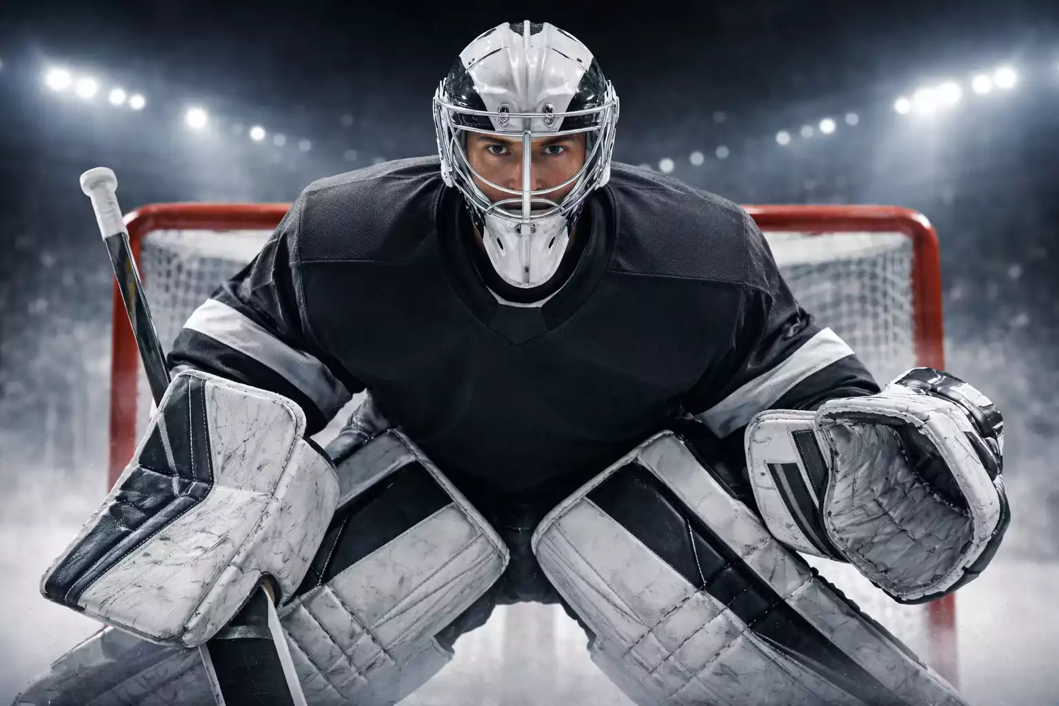 Professioneller NHL Torhüter in voller Ausrüstung bereit zur Parade