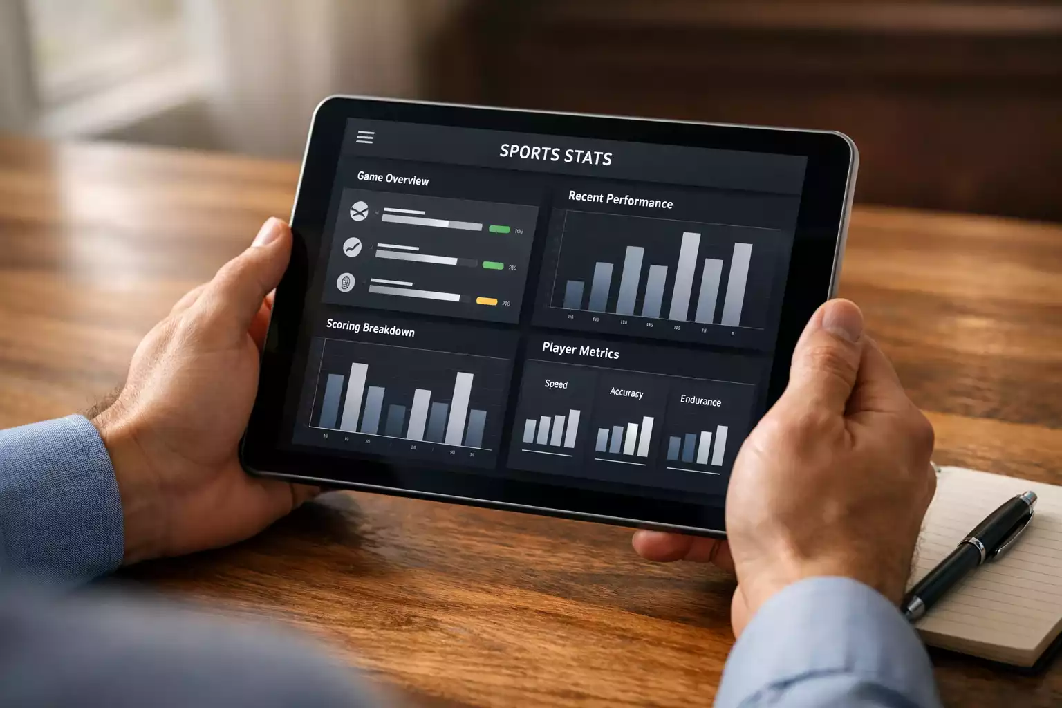 Person analysiert Sportstatistiken auf einem Tablet für NHL Wetten Strategie