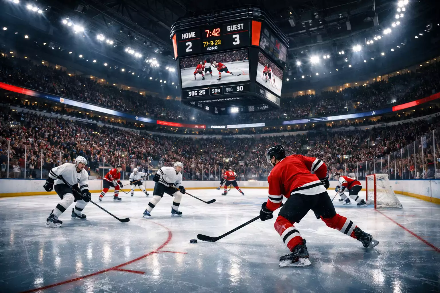 NHL Eishockeyspiel in amerikanischer Arena für deutsche Wetter zur Nachtzeit